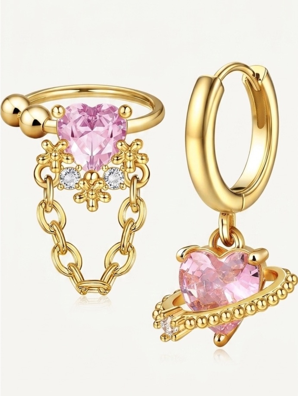 #3 Gold-Plated Pink Heart Chain Ear Cuff and Hoop Earring Set